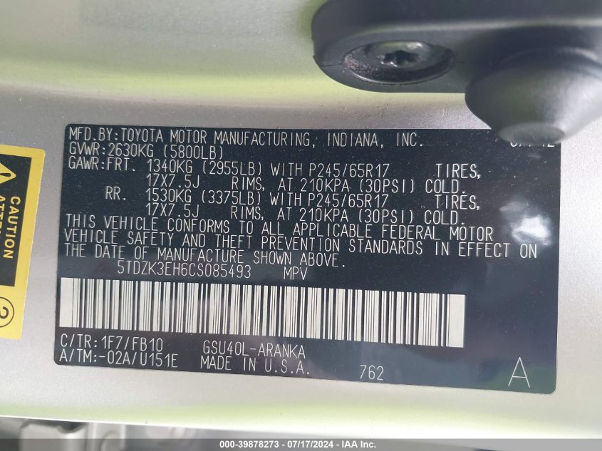 2012 Toyota Highlander Base V6 VIN: 5TDZK3EH6CS085493 Lot: 39878273