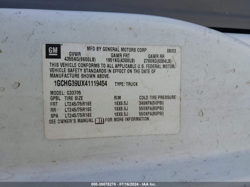 2004 Chevrolet Express VIN: 1GCHG39UX41119454 Lot: 39878278