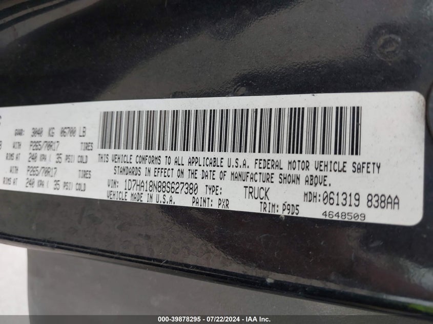 2008 Dodge Ram 1500 St/Sxt VIN: 1D7HA18N88S627380 Lot: 39878295