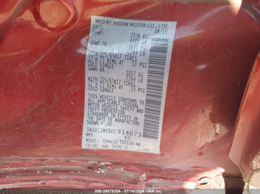 2015 Nissan Rogue S/Sl/Sv VIN: 5N1AT2MT8FC914673 Lot: 39878304