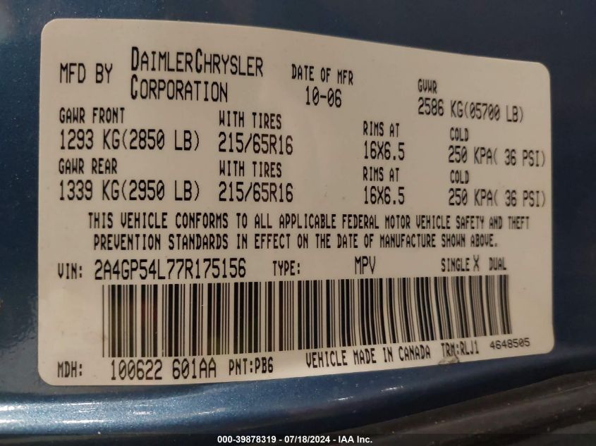 2007 Chrysler Town & Country Touring VIN: 2A4GP54L77R175156 Lot: 39878319