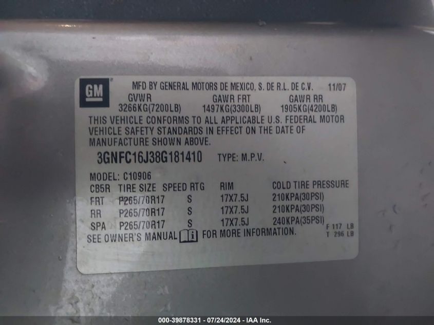 2008 Chevrolet Suburban 1500 Lt VIN: 3GNFC16J38G181410 Lot: 39878331