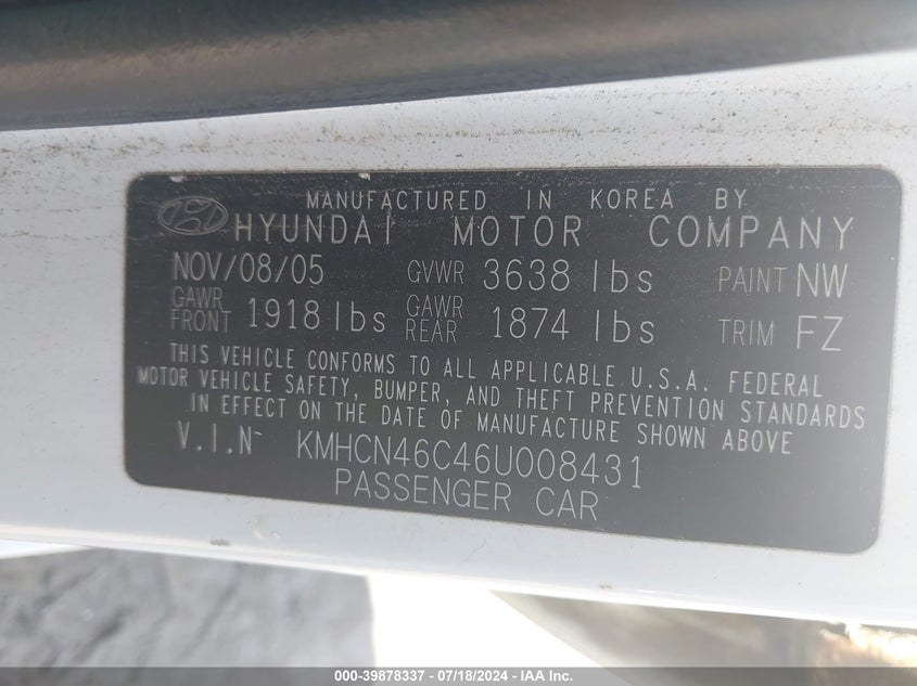 2006 Hyundai Accent Gls VIN: KMHCN46C46U008431 Lot: 39878337