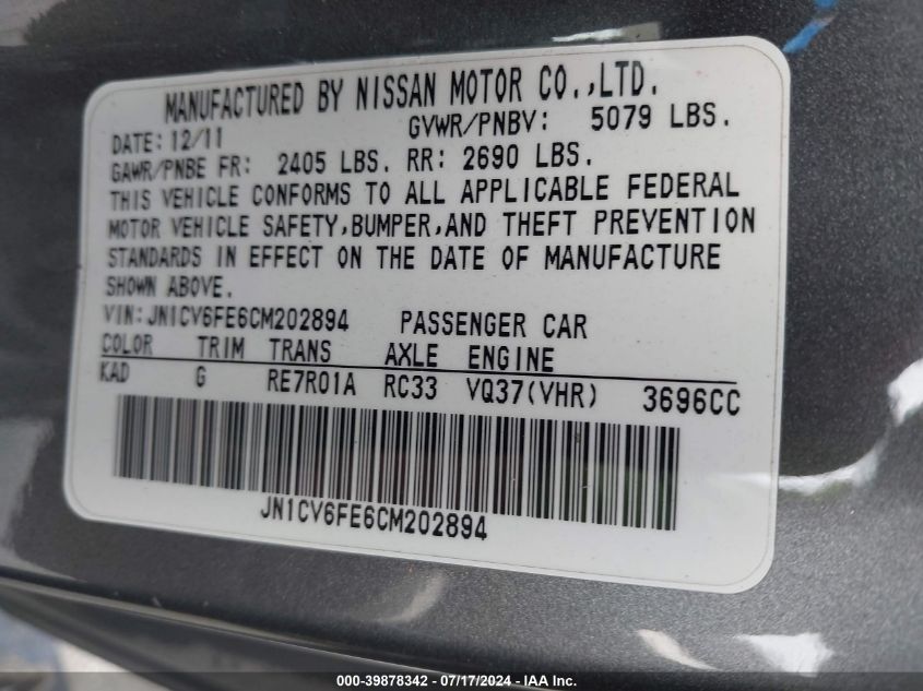 2012 Infiniti G37 VIN: JN1CV6FE6CM202894 Lot: 39878342