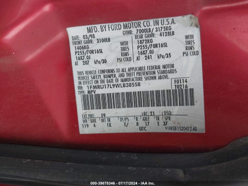 1998 Ford Expedition VIN: 1FMRU17L9WLB38558 Lot: 39878346