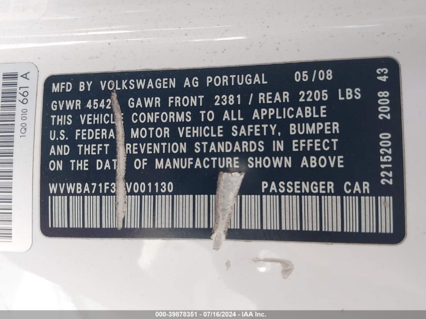 2009 Volkswagen Eos Turbo/Komfort VIN: WVWBA71F39V001130 Lot: 39878351