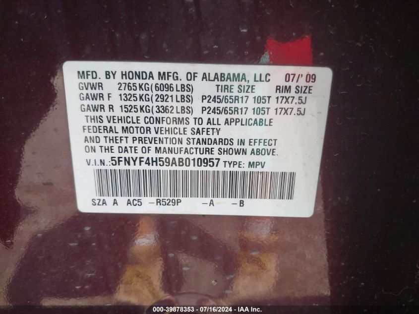 2010 Honda Pilot Exl VIN: 5FNYF4H59AB010957 Lot: 39878353