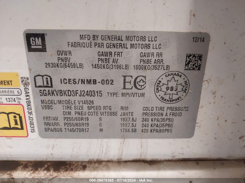 2015 Buick Enclave Leather VIN: 5GAKVBKD3FJ240315 Lot: 39878365