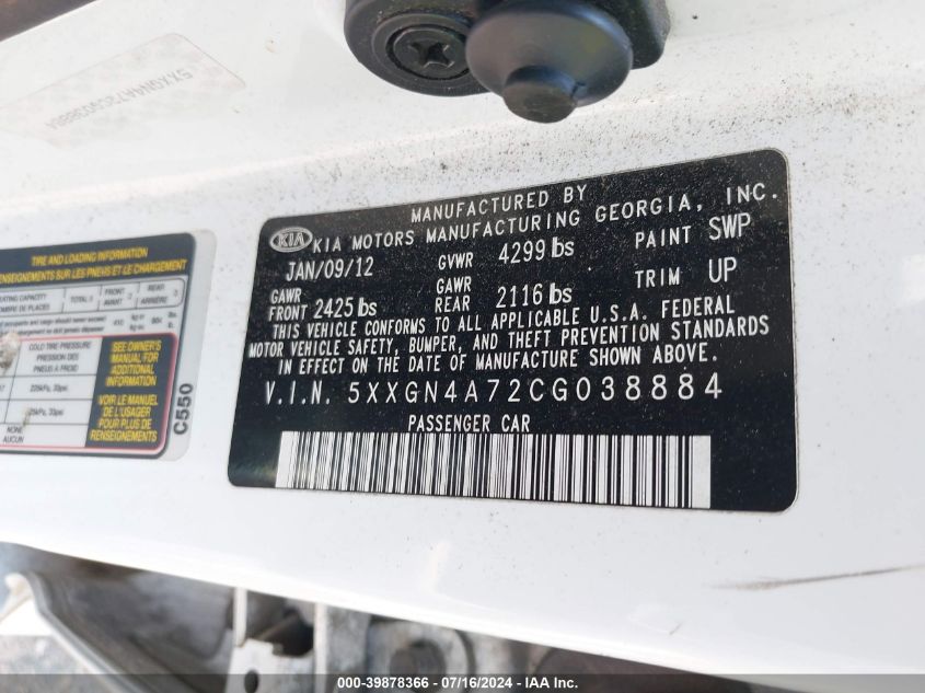 2012 Kia Optima Ex VIN: 5XXGN4A72CG038884 Lot: 39878366