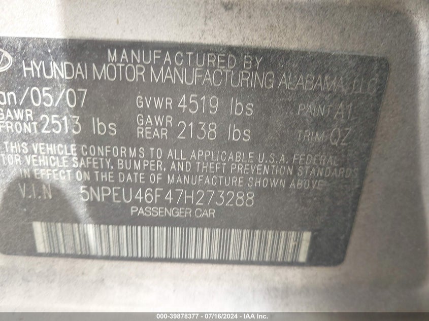 2007 Hyundai Sonata Limited/Se V6 VIN: 5NPEU46F47H273288 Lot: 39878377