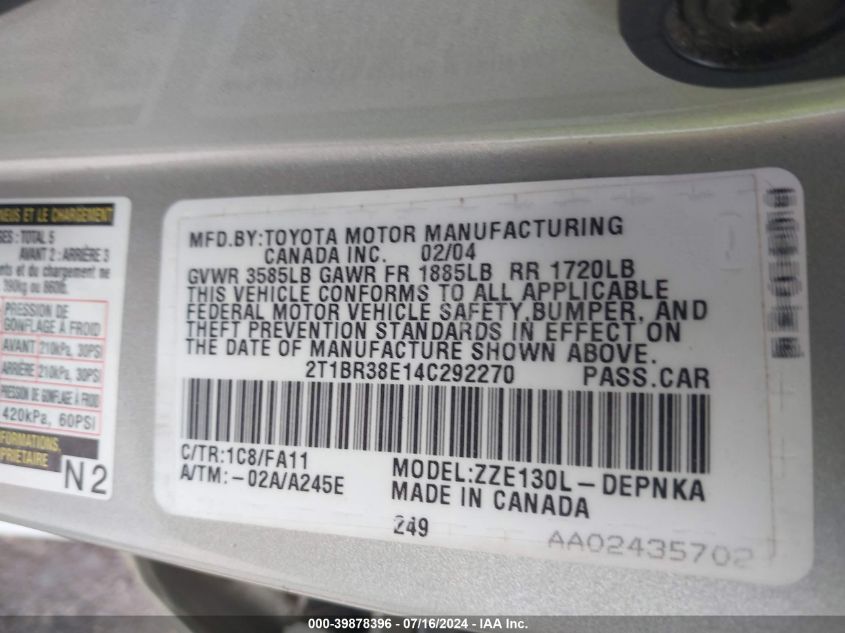 2004 Toyota Corolla Le VIN: 2T1BR38E14C292270 Lot: 39878396