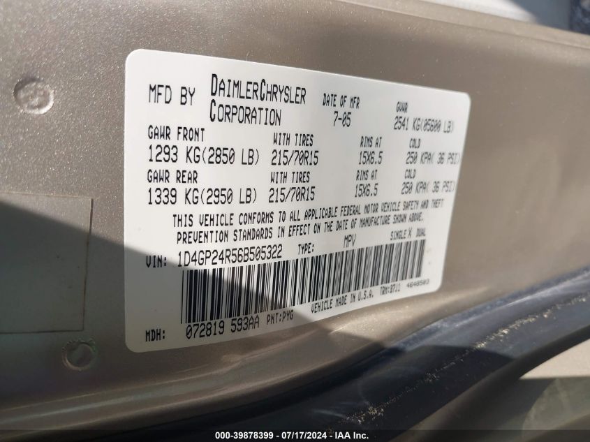 2006 Dodge Grand Caravan Se VIN: 1D4GP24R56B505322 Lot: 39878399