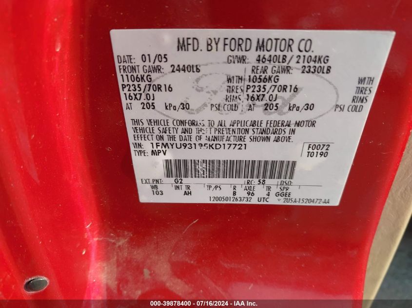 2005 Ford Escape Xlt VIN: 1FMYU93195KD17721 Lot: 39878400