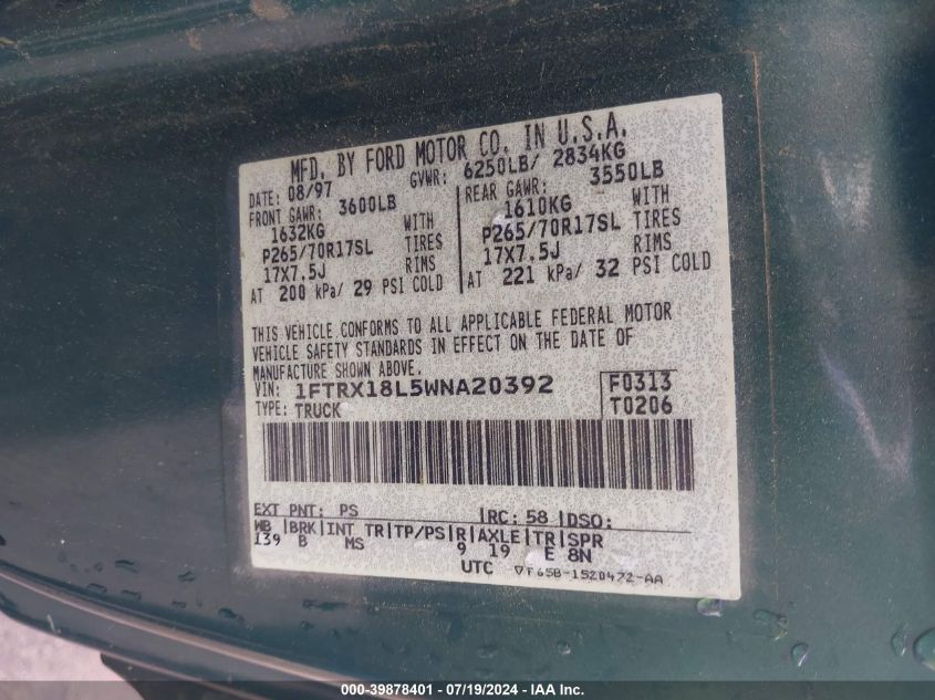 1998 Ford F-150 Lariat/Standard/Xl/Xlt VIN: 1FTRX18L5WNA20392 Lot: 39878401