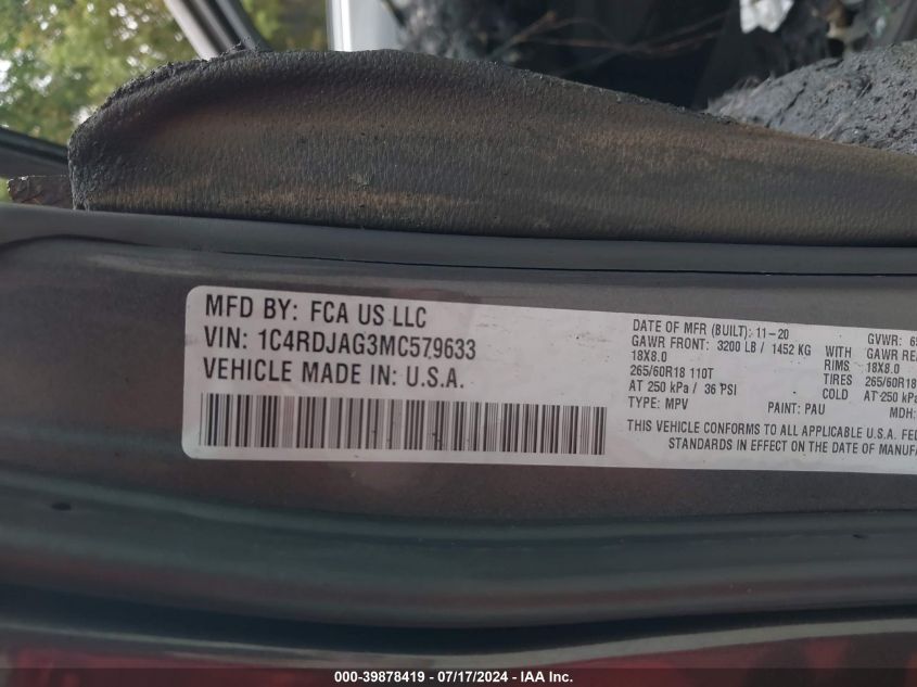 2021 DODGE DURANGO SXT - 1C4RDJAG3MC579633