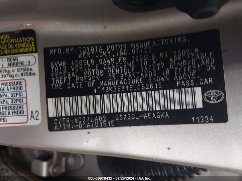 2006 Toyota Avalon Xls VIN: 4T1BK36B16U062615 Lot: 39878432