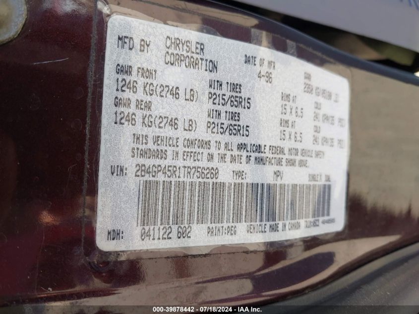 1996 Dodge Caravan Se/Sport VIN: 2B4GP45R1TR756260 Lot: 39878442