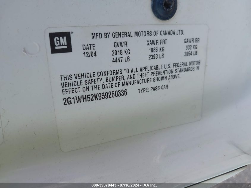 2005 Chevrolet Impala Ls VIN: 2G1WH52K959260336 Lot: 39878443