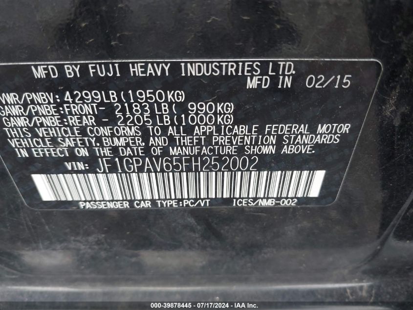 2015 Subaru Impreza 2.0I Sport Limited VIN: JF1GPAV65FH252002 Lot: 39878445