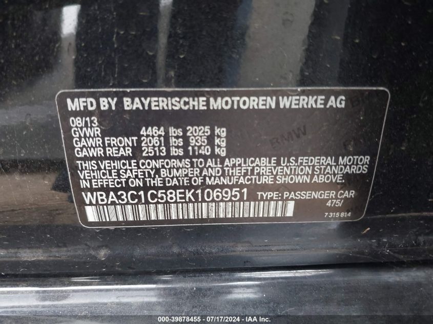 2014 BMW 328I VIN: WBA3C1C58EK106951 Lot: 39878455