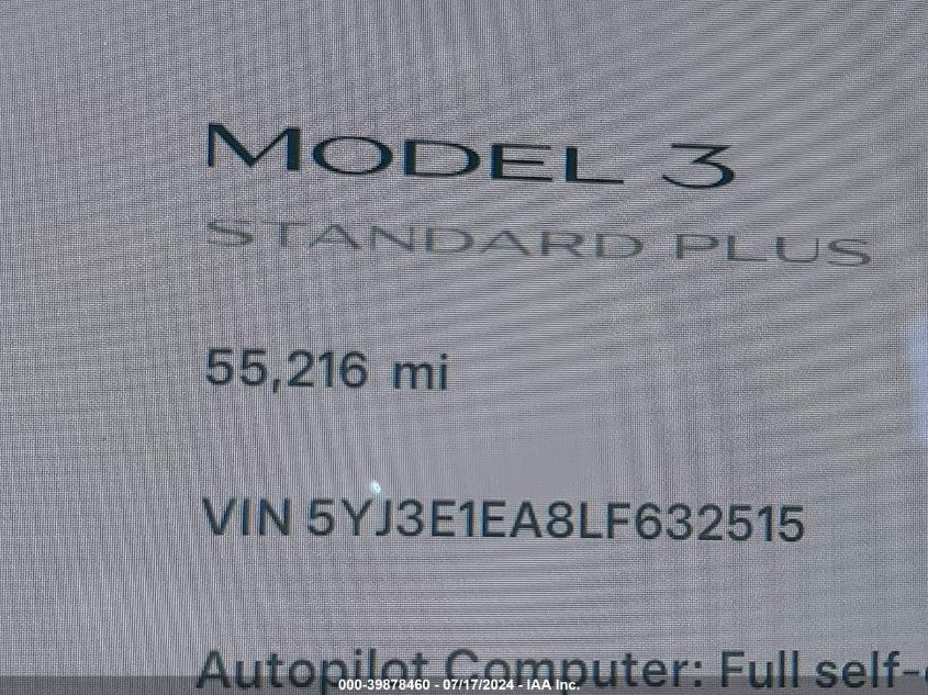 2020 Tesla Model 3 Standard Range Plus Rear-Wheel Drive/Standard Range Rear-Wheel Drive VIN: 5YJ3E1EA8LF632515 Lot: 39878460