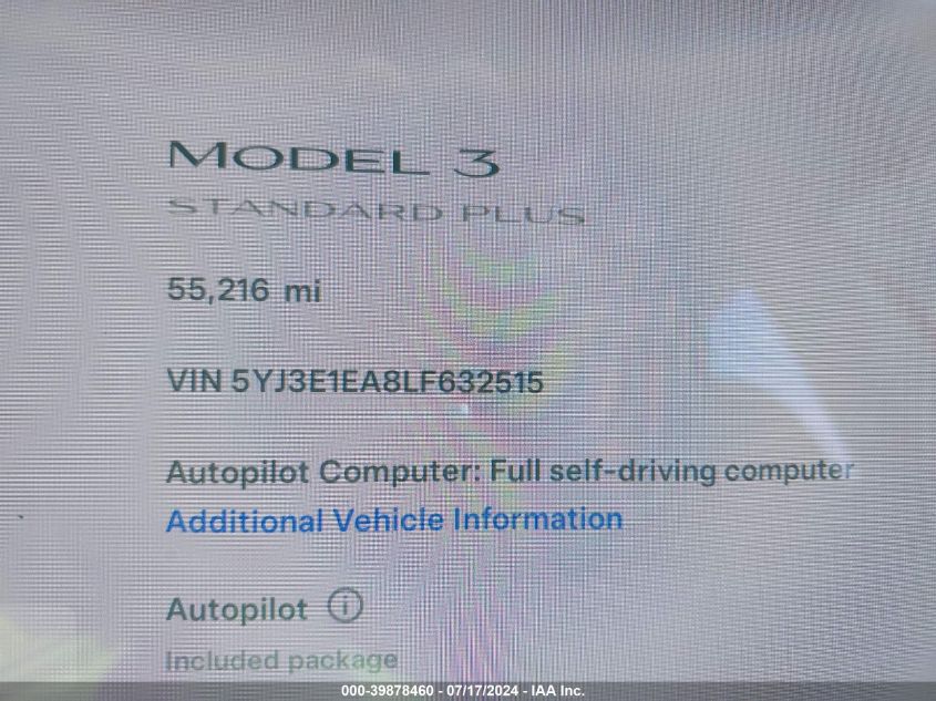 2020 Tesla Model 3 Standard Range Plus Rear-Wheel Drive/Standard Range Rear-Wheel Drive VIN: 5YJ3E1EA8LF632515 Lot: 39878460