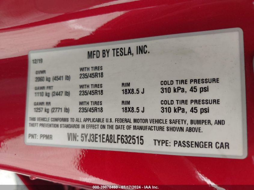 2020 Tesla Model 3 Standard Range Plus Rear-Wheel Drive/Standard Range Rear-Wheel Drive VIN: 5YJ3E1EA8LF632515 Lot: 39878460