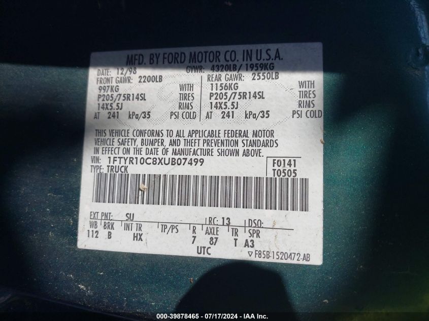1999 Ford Ranger VIN: 1FTYR10C8XUB07499 Lot: 39878465