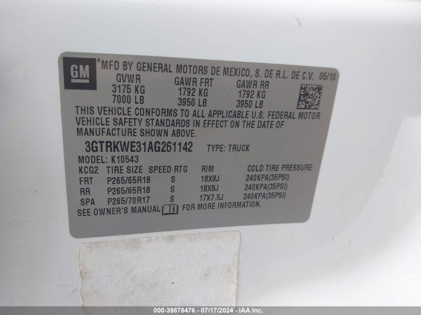 2010 GMC Sierra K1500 Slt VIN: 3GTRKWE31AG261142 Lot: 39878476