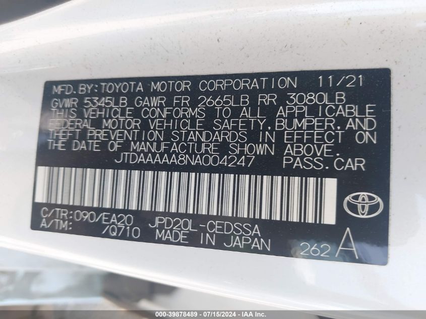 2022 Toyota Mirai Xle VIN: JTDAAAAA8NA004247 Lot: 39878489