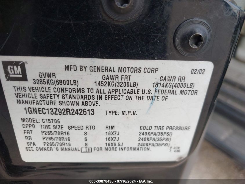 2002 Chevrolet Tahoe Ls VIN: 1GNEC13Z92R242613 Lot: 39878498