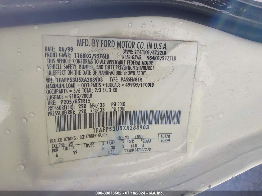 1999 Ford Taurus Se/Se-Ne VIN: 1FAFP53U5XA288903 Lot: 39878502