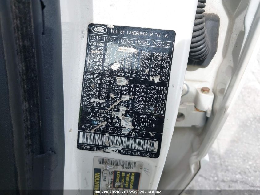 2008 Land Rover Range Rover VIN: SALMF13498A275417 Lot: 39878516