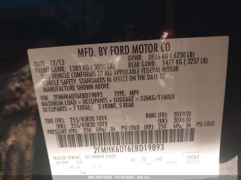 2014 Ford Flex Limited VIN: 2FMHK6DT6EBD19893 Lot: 39878526