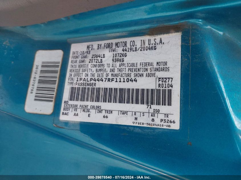 1994 Ford Mustang VIN: 1FALP4447RF111044 Lot: 39878540