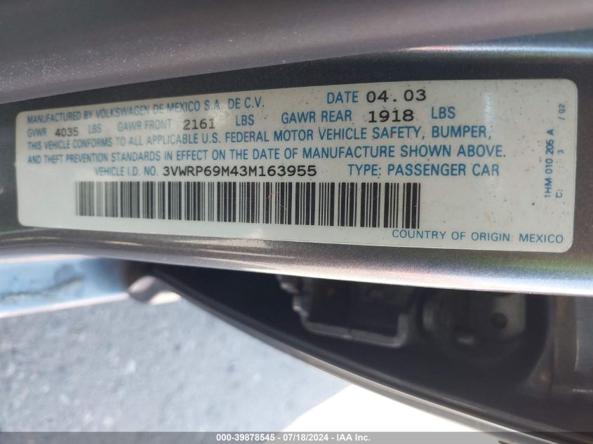 2003 Volkswagen Jetta Gl Tdi VIN: 3VWRP69M43M163955 Lot: 39878545