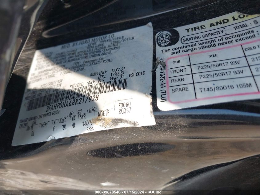 2011 Ford Fusion Se VIN: 3FAHP0HA6BR217928 Lot: 39878546