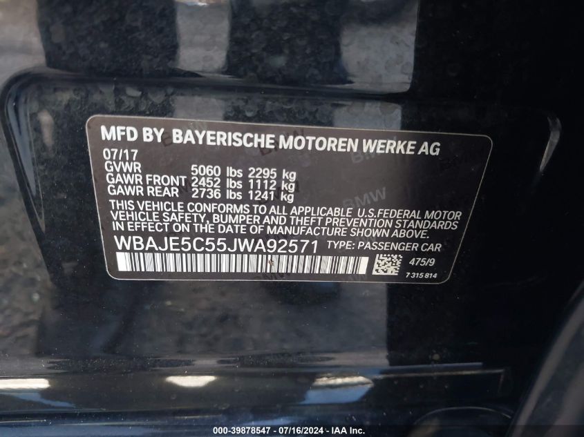 2018 BMW 540 I VIN: WBAJE5C55JWA92571 Lot: 39878547