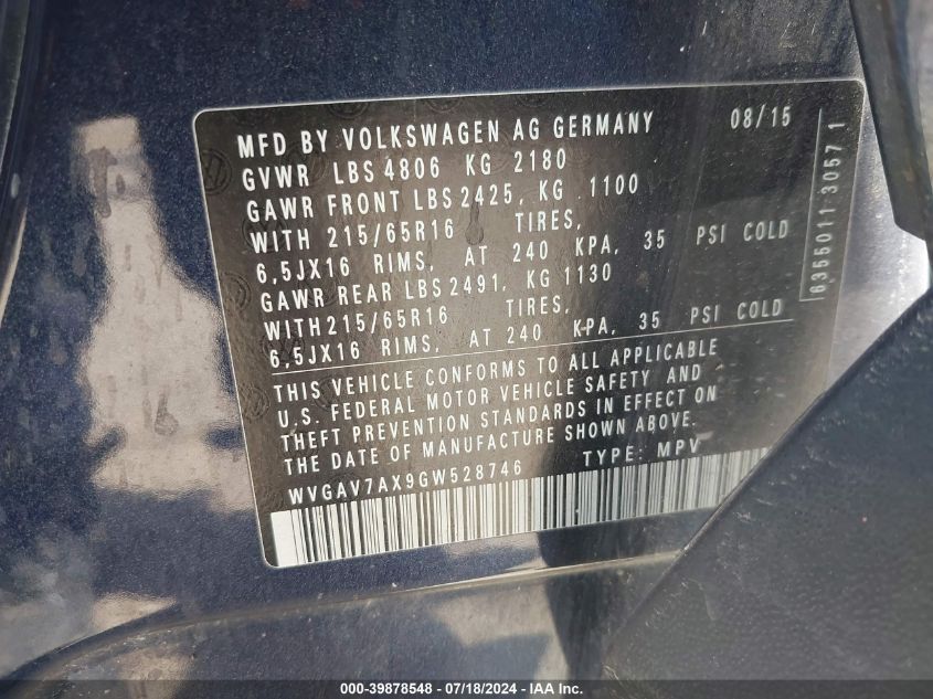 2016 Volkswagen Tiguan S VIN: WVGAV7AX9GW528746 Lot: 39878548