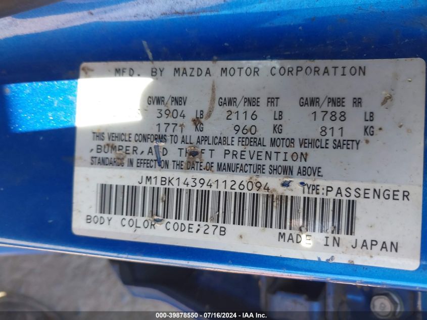 2004 Mazda Mazda3 S VIN: JM1BK143941126094 Lot: 39878550