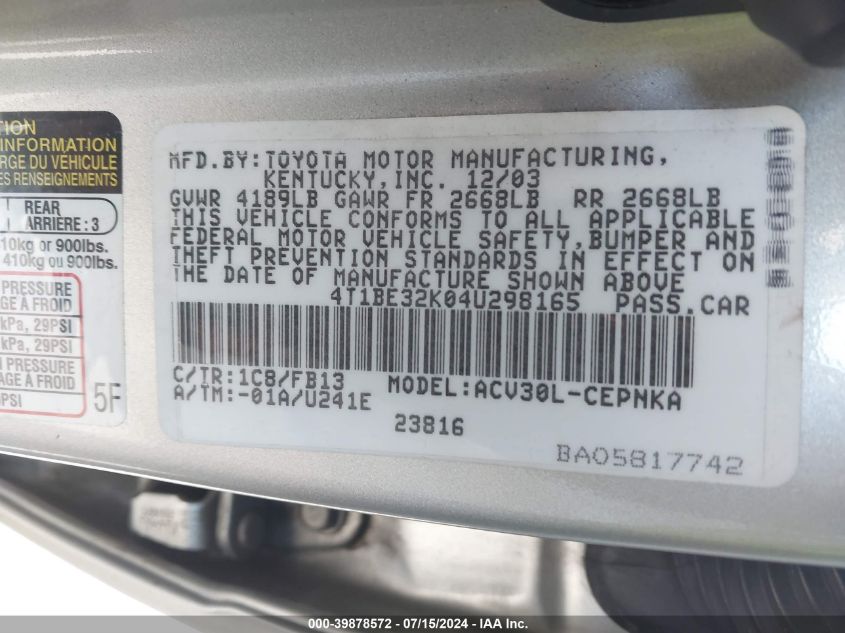 2004 Toyota Camry Le VIN: 4T1BE32K04U298165 Lot: 39878572