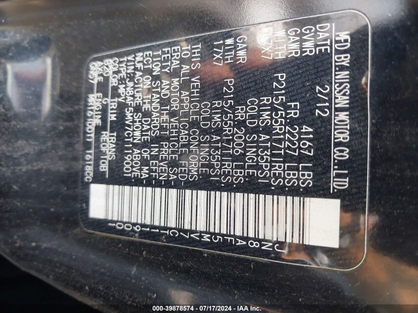 2012 Nissan Juke S VIN: JN8AF5MV7CT119001 Lot: 39878574