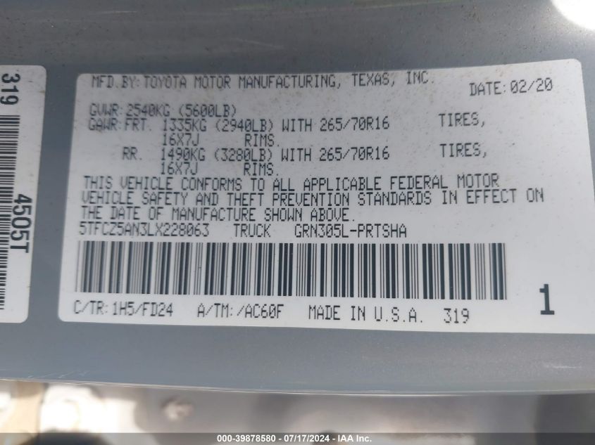 2020 Toyota Tacoma Trd Off-Road VIN: 5TFCZ5AN3LX228063 Lot: 39878580