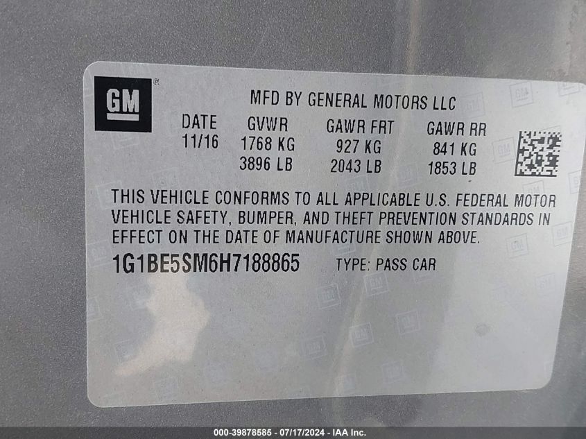 2017 Chevrolet Cruze Lt Auto VIN: 1G1BE5SM6H7188865 Lot: 39878585