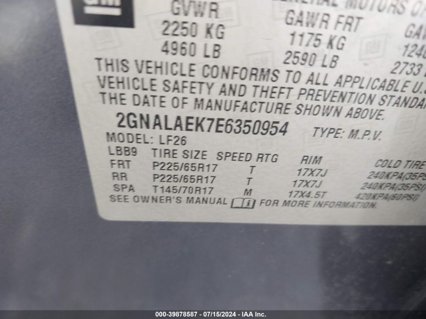 2014 Chevrolet Equinox Ls VIN: 2GNALAEK7E6350954 Lot: 39878587