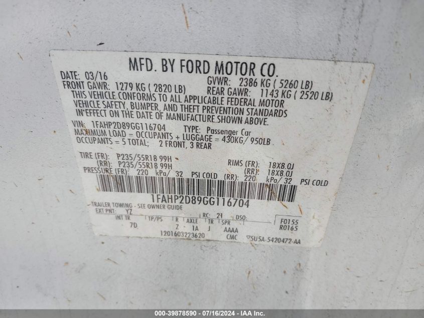 1FAHP2D89GG116704 2016 Ford Taurus Se