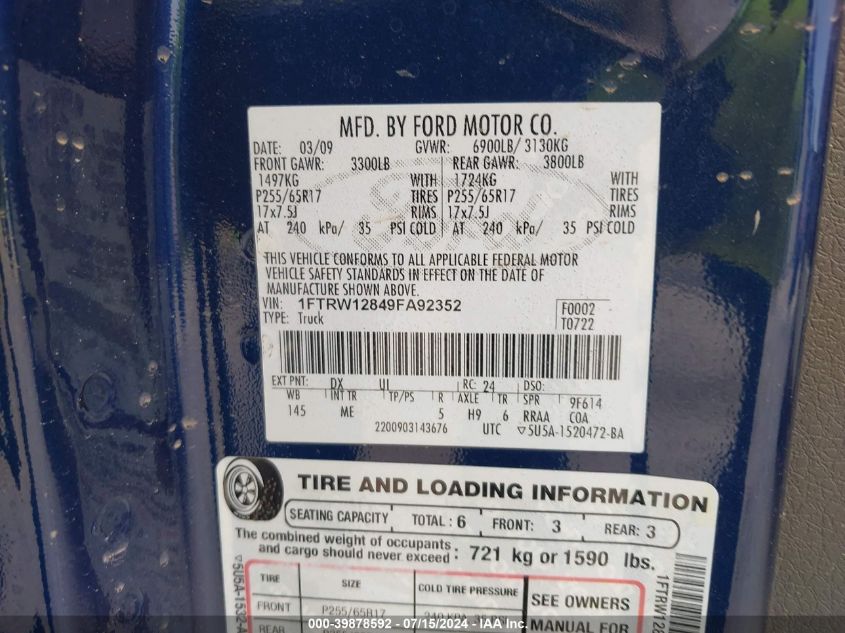 2009 Ford F-150 Xl/Xlt VIN: 1FTRW12849FA92352 Lot: 39878592