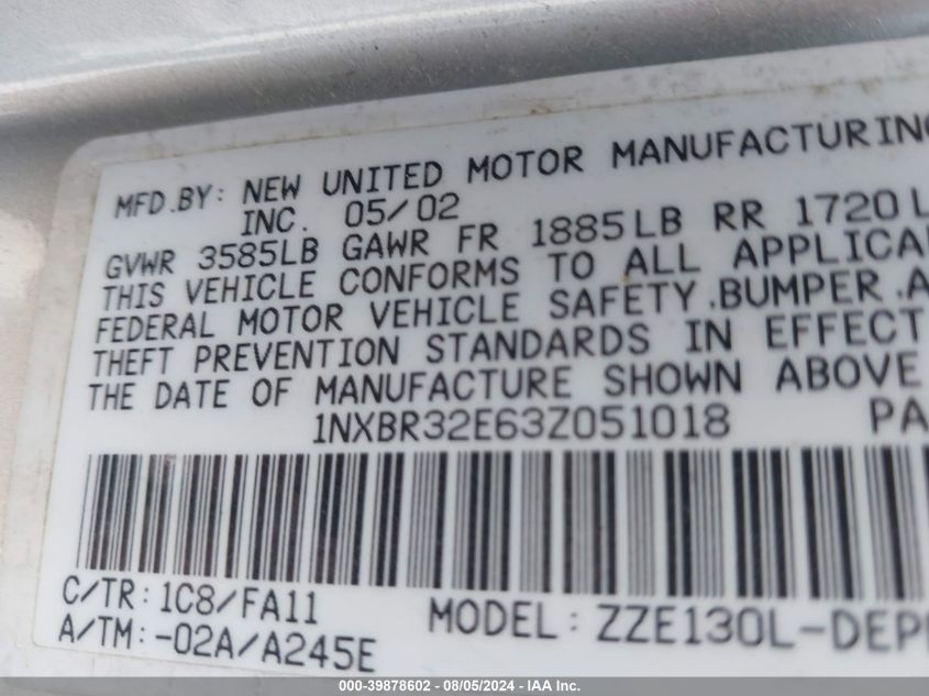 2003 Toyota Corolla Le VIN: 1NXBR32E63Z051018 Lot: 39878602