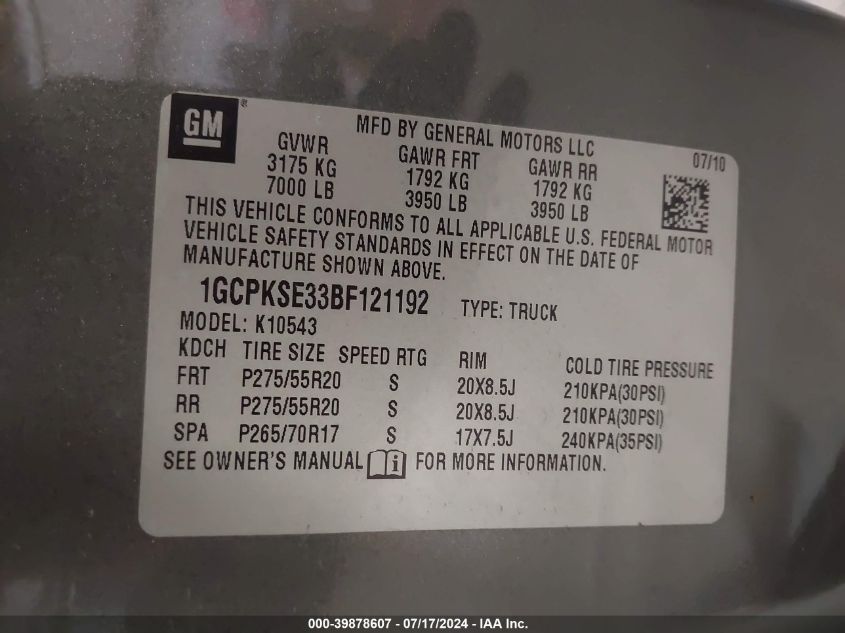 2011 Chevrolet Silverado K1500 Lt VIN: 1GCPKSE33BF121192 Lot: 39878607