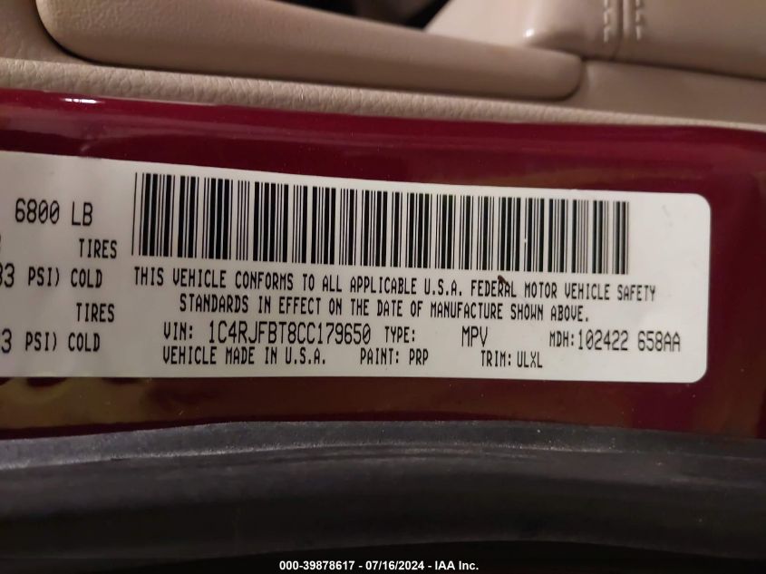 2012 Jeep Grand Cherokee Limited VIN: 1C4RJFBT8CC179650 Lot: 39878617